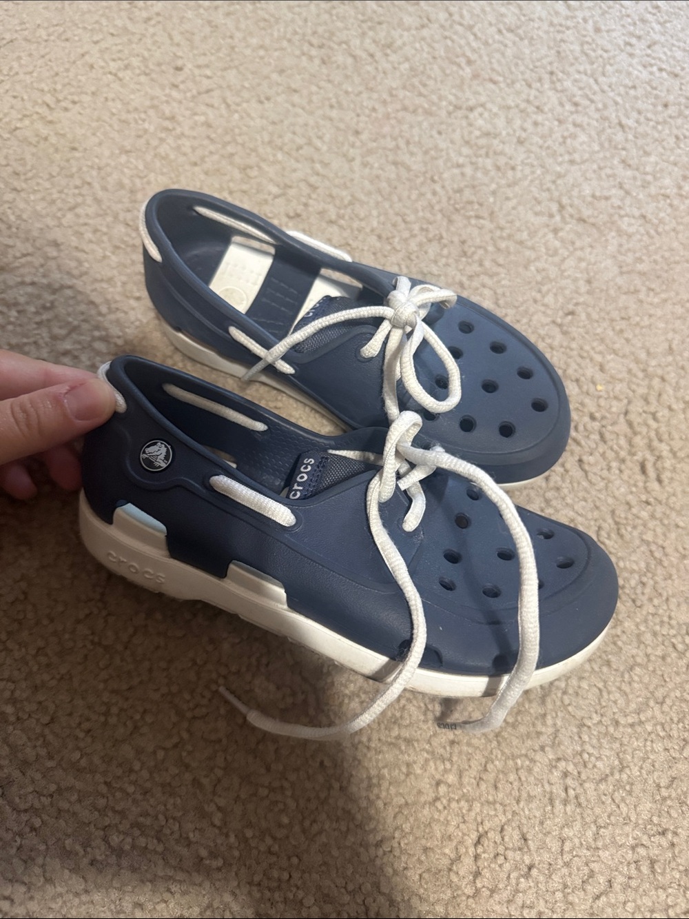 CROCS Kids Navy Blue and White Lace-Up Water Clogs